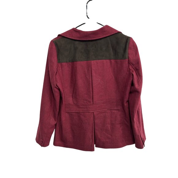Liz Claiborne Woolmark Blend Blazer Red Brown Accent Faux Suede Trim Sz 12P - Picture 2 of 9